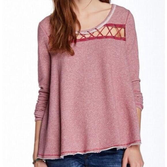 Free People French Terry Striped Sweatshirt Pink White Size Small - Picture 1 of 9